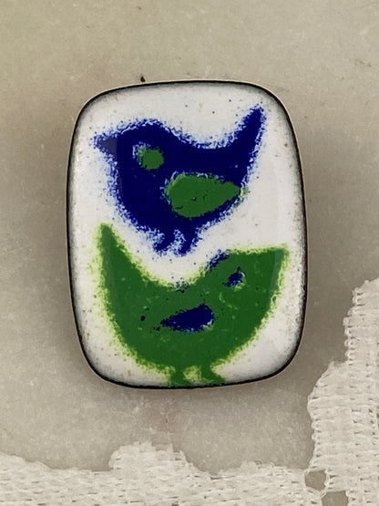 Handmade Copper and Enamel Brooch with Two Birds by Playbird