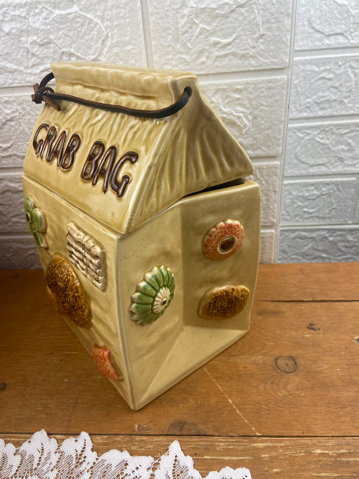 Ceramic Grab Bag Cookie Jar with Leather Strap