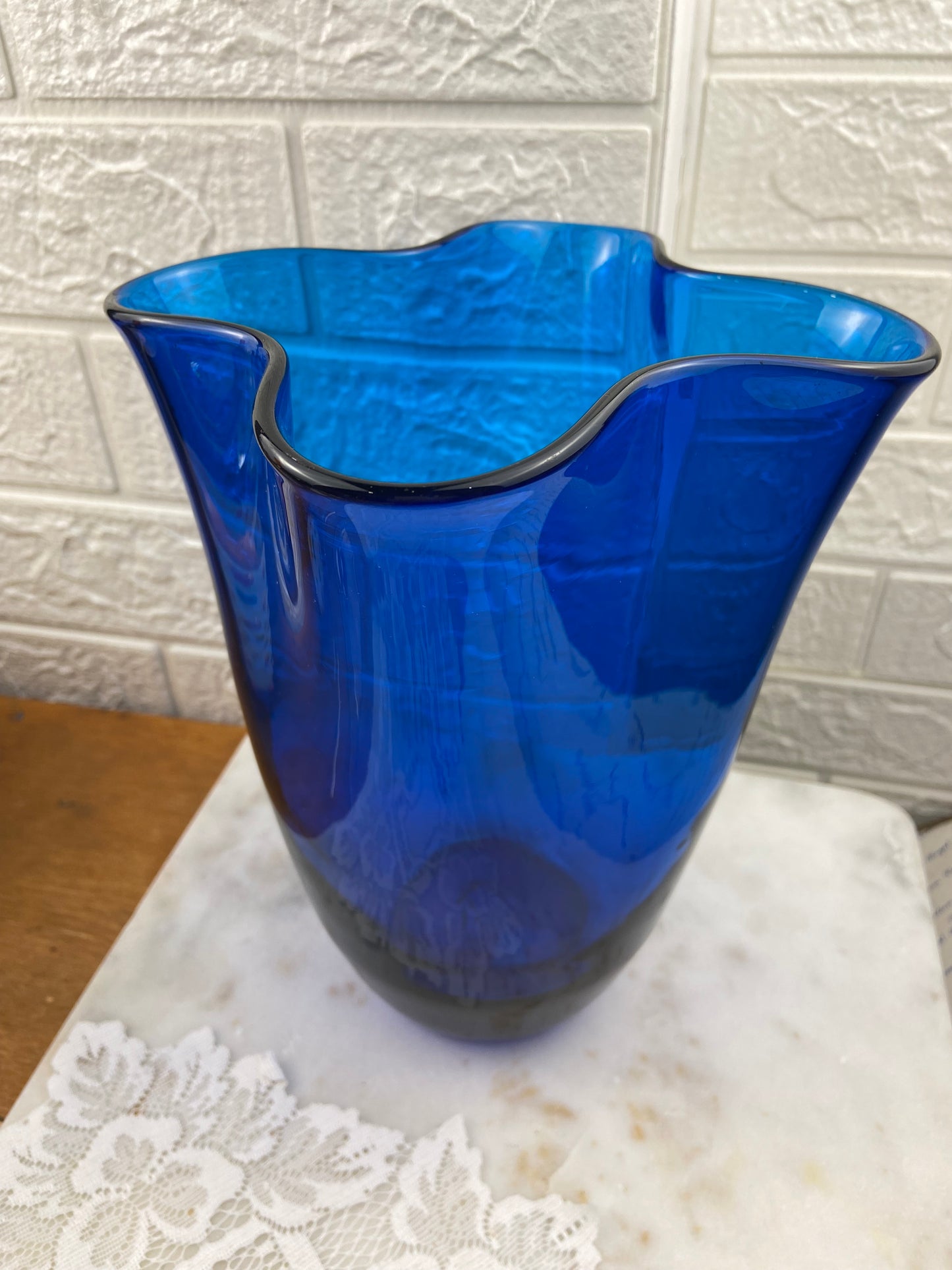 9.25” Cobalt Blue Hand Blown Glass Handkerchief Vase