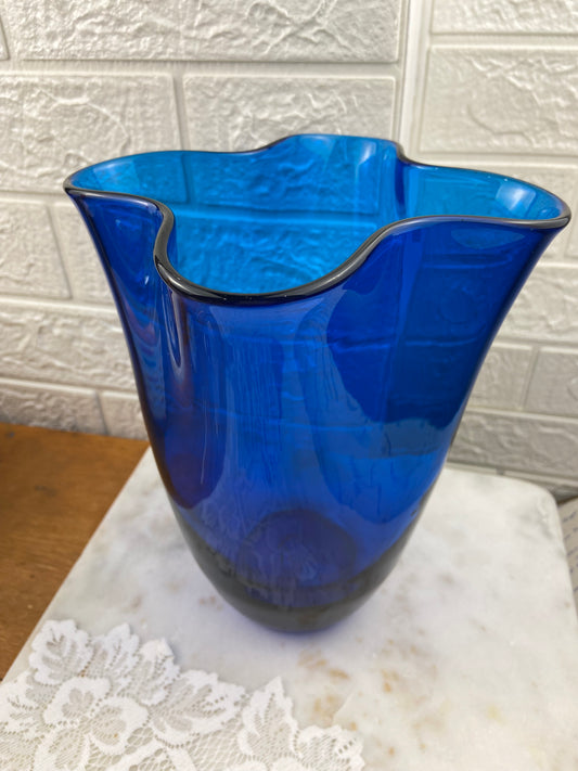 9.25” Cobalt Blue Hand Blown Glass Handkerchief Vase