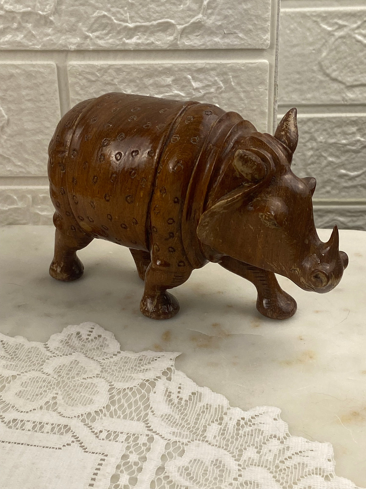 Hand Carved Wooden Rhinoceros Figurine