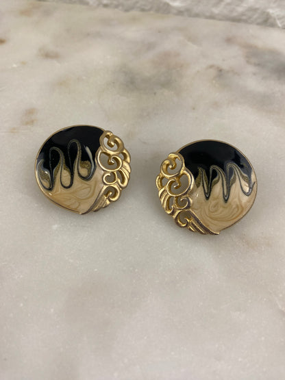 Cream, Gold and Black Enamel Earrings [Clip On]