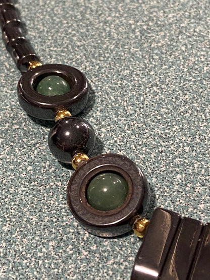 18” Hematite Waterfall Necklace with Green Gemstone Beads and Screw Clasp