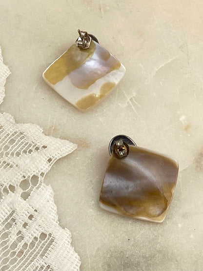 Square-Shaped Mother of Pearl and Coral or Faux Coral Cabochon Earrings [Posts]