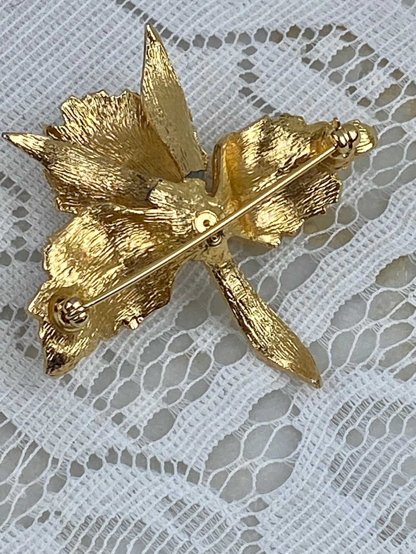 Brushed Gold-Tone Orchid Brooch with Faux Pearl by D’Orlan / Boucher