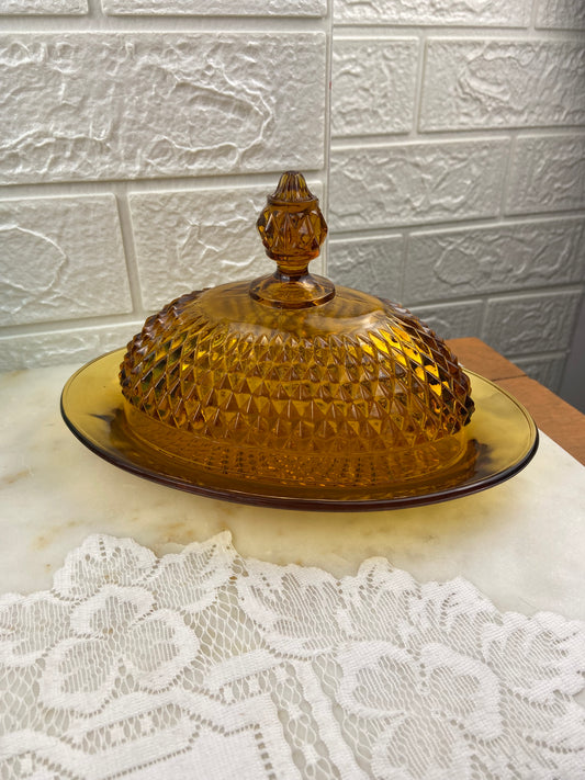 Vintage Amber Glass Covered Butter Dish by Indiana Glass Company | Diamond Point Pattern MCM
