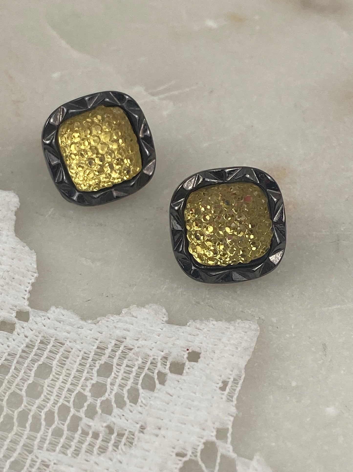 Small Black and Lemon Yellow Textured Square Earrings [Posts]
