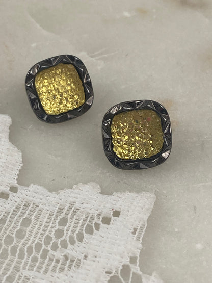 Small Black and Lemon Yellow Textured Square Earrings [Posts]