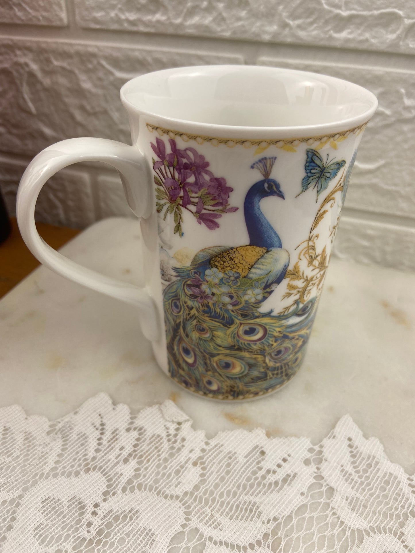 Porcelain Coffee Mug with Peacock Design by Summer River