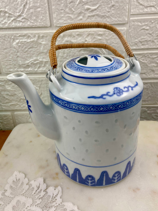 Blue and White Chinese Teapot with Translucent Ling Long or Rice Grain Pattern | Rattan Handle