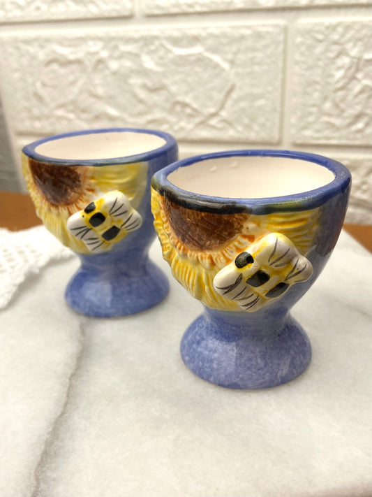 Pair of Ceramic Egg Cups | Bee and Sunflower Design