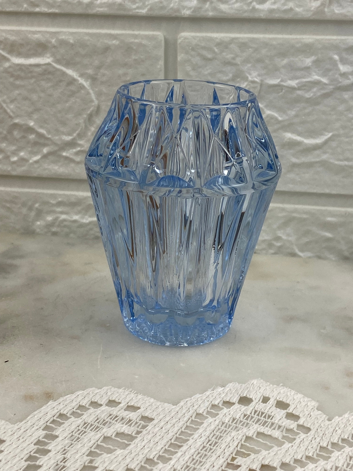 Cone-Shaped, Ribbed Blue Glass Candle Votive / Vase with Waffle Base