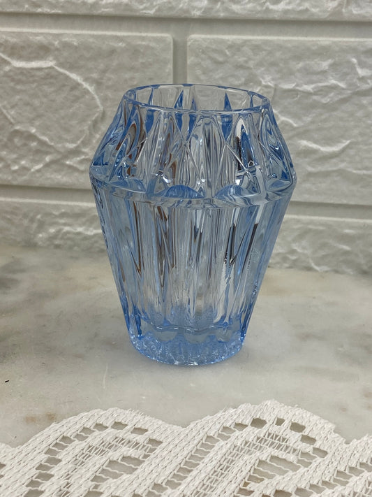 Cone-Shaped, Ribbed Blue Glass Candle Votive / Vase with Waffle Base