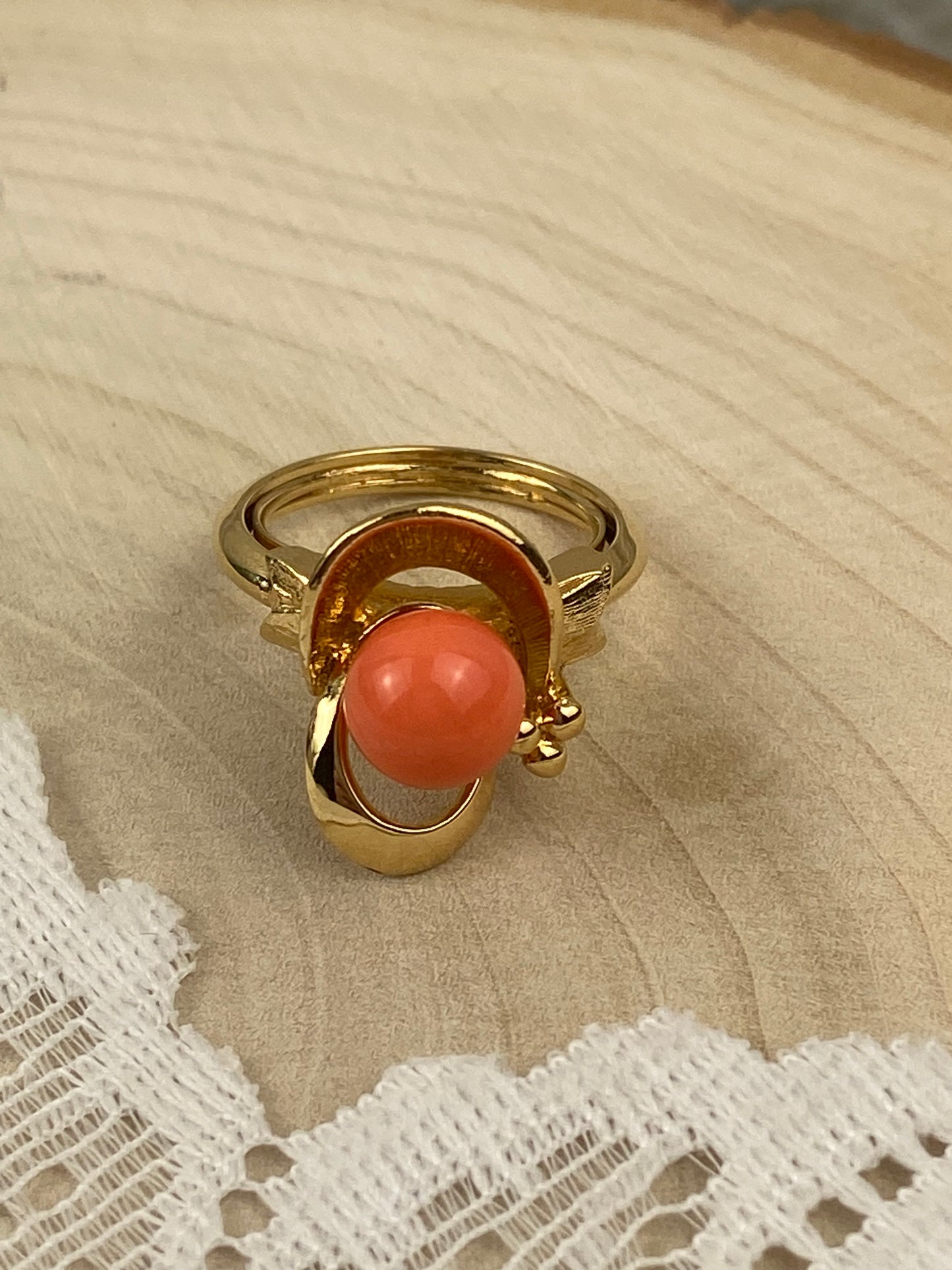 Vintage Avon | Gold-Tone Metal Ring with Faux Coral Stone [Flexible Size 5 - 6.5]