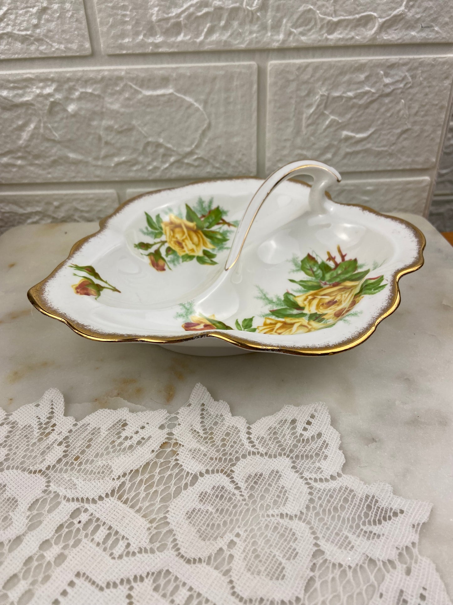 Royal Albert Bone China Divided Leaf-Shape Snack Plate | Tea Rose Pattern