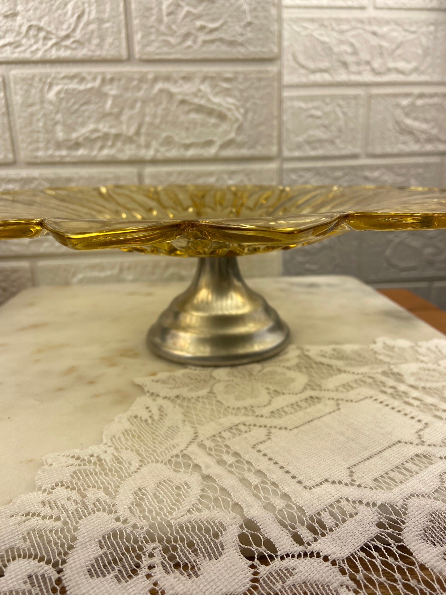 Vintage Federal Glass Pedestal Platter | Amber Sunflower Pattern
