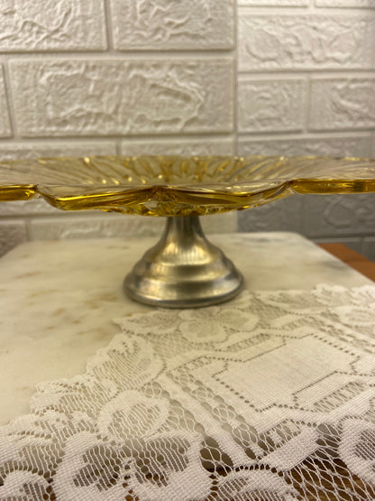 Vintage Federal Glass Pedestal Platter | Amber Sunflower Pattern