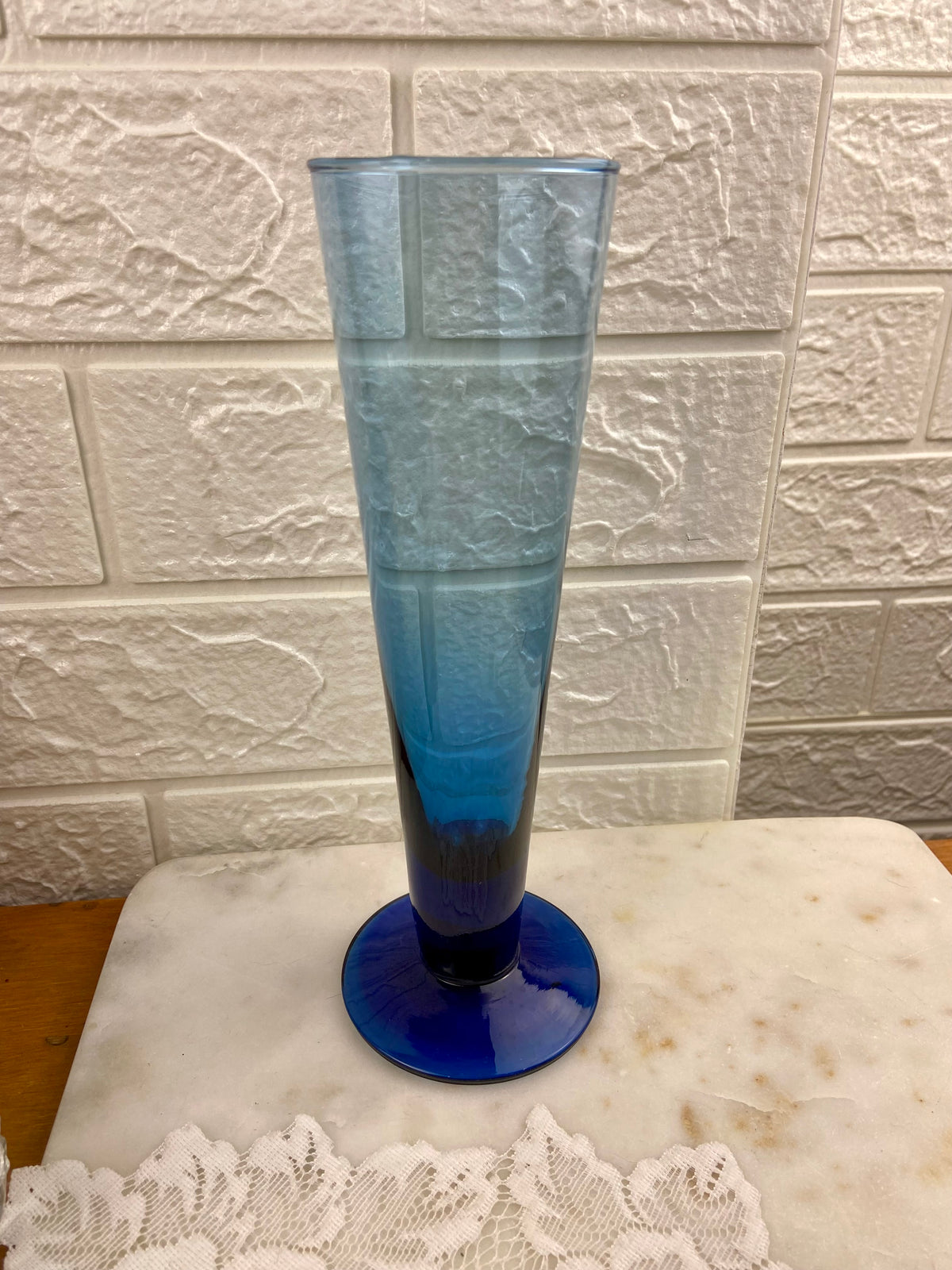 Hand Blown Fluted Blue Glass Vase with Cobalt Blue Base and Gradient Colour | 9.5”