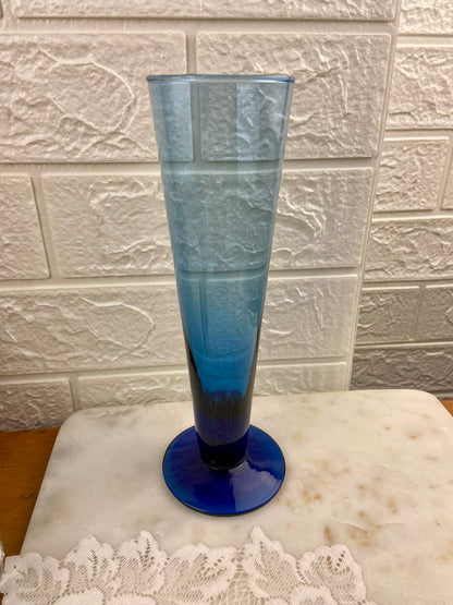 Hand Blown Fluted Blue Glass Vase with Cobalt Blue Base and Gradient Colour | 9.5”