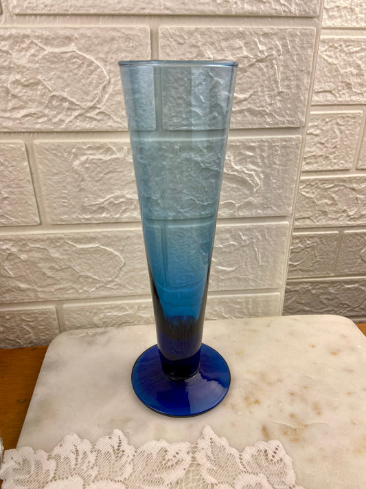 Hand Blown Fluted Blue Glass Vase with Cobalt Blue Base and Gradient Colour | 9.5”
