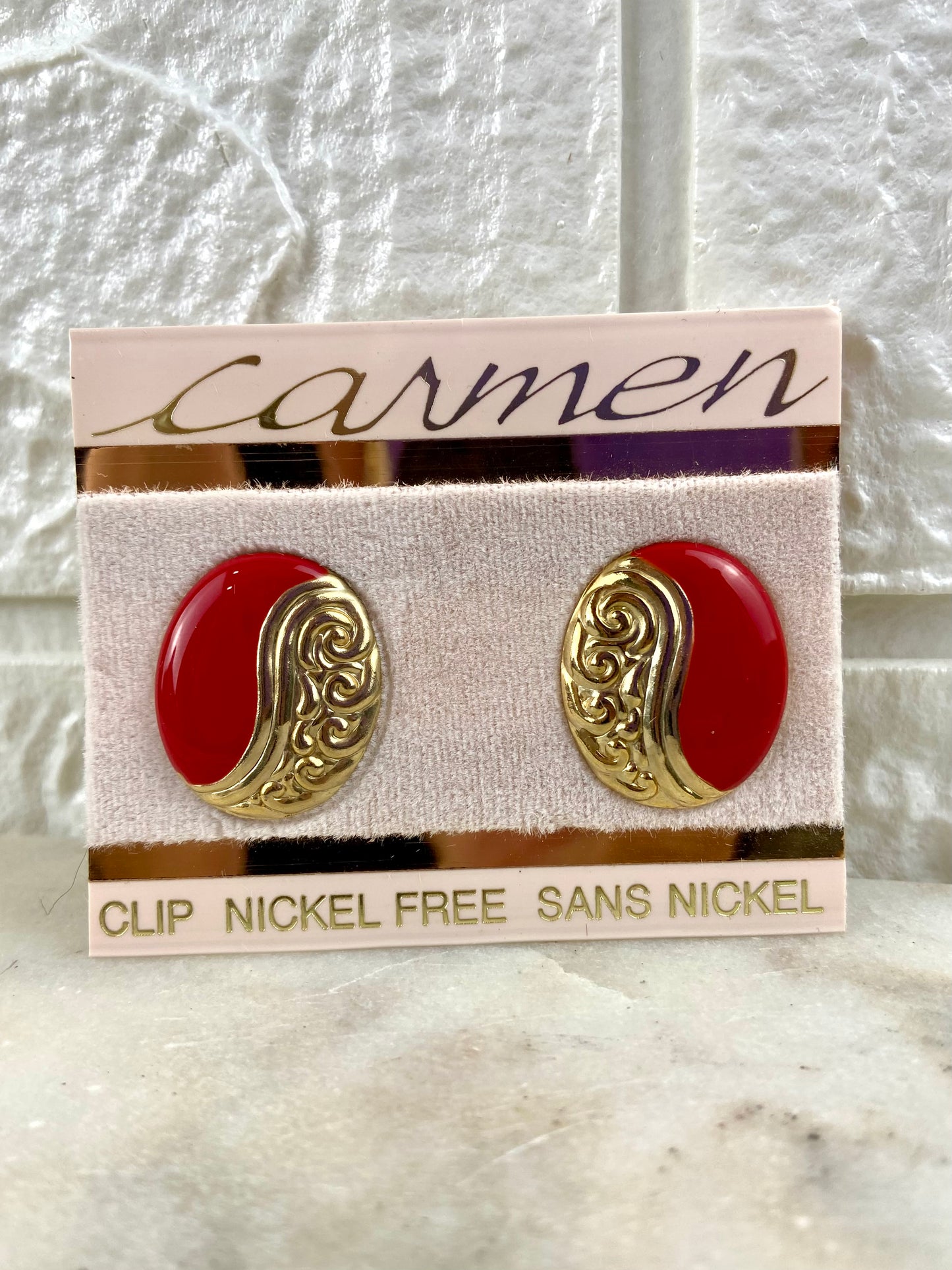 Red Enamel Earrings by Carmen [Clip On]