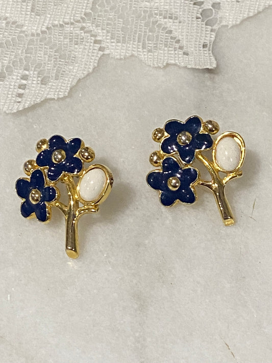 Blue and White Enamel, Gold-Tone Flower Earrings [Posts]