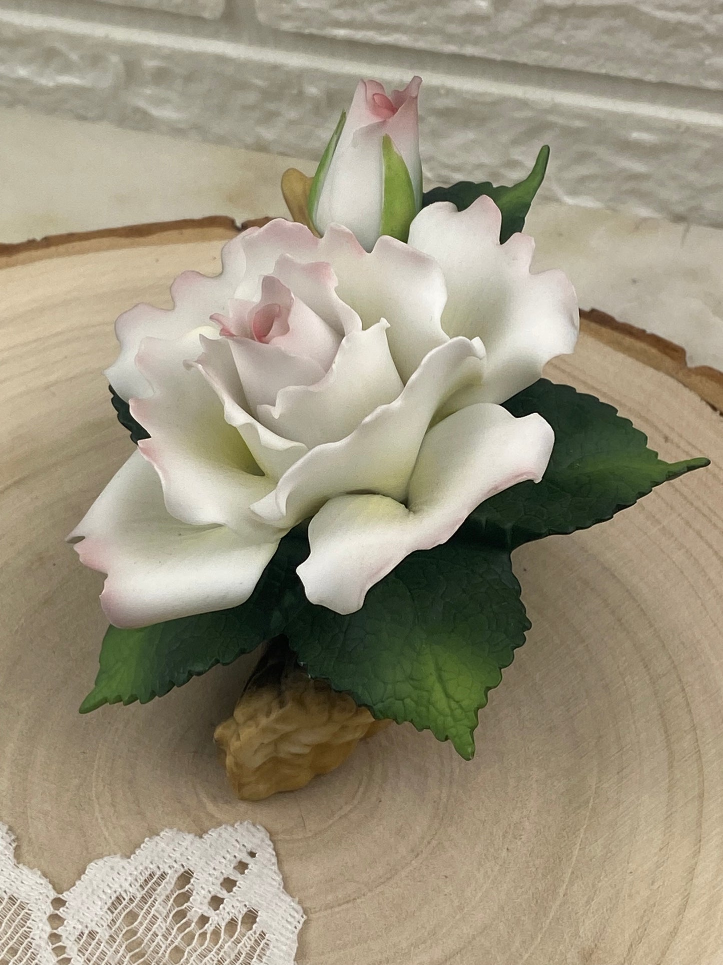 White Bisque Porcelain Rose with Rosebud on Small Branch | Andrea by Sadak