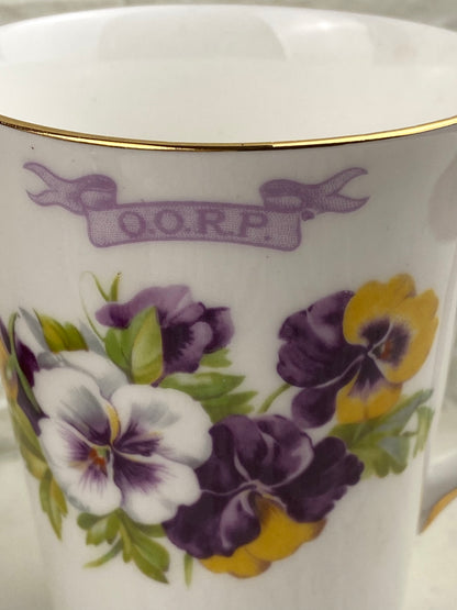 Commemorative Bone Porcelain Coffee Mug for O.O.R.P. | Purple and Yellow Pansies Pattern