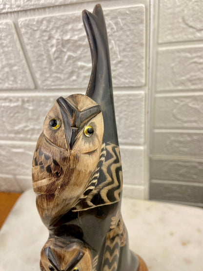 Hand-Carved Pair of Owls Sculpture from Water Buffalo Horn | Wooden Base