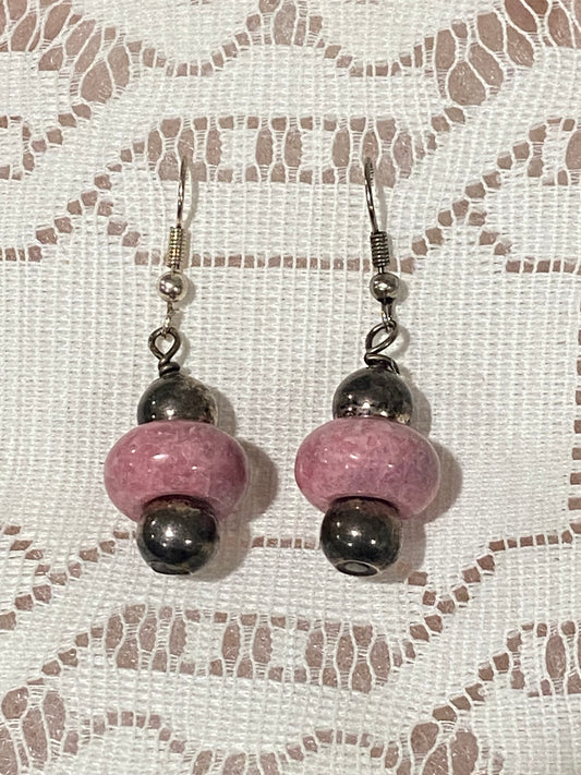 Pink Stone and Metal Dangle Earrings | Silver Plated [Hooks]