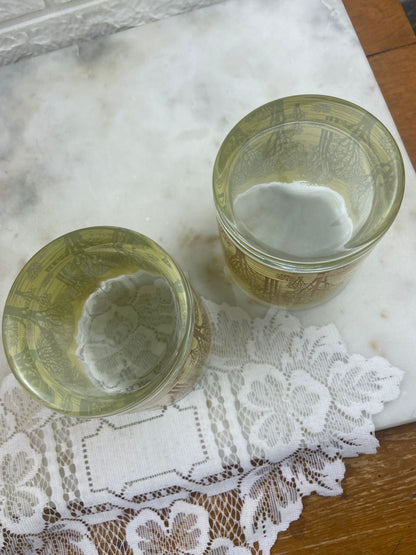 Pair of Vintage Glass Tumblers with Yellow & Gold Tree Design
