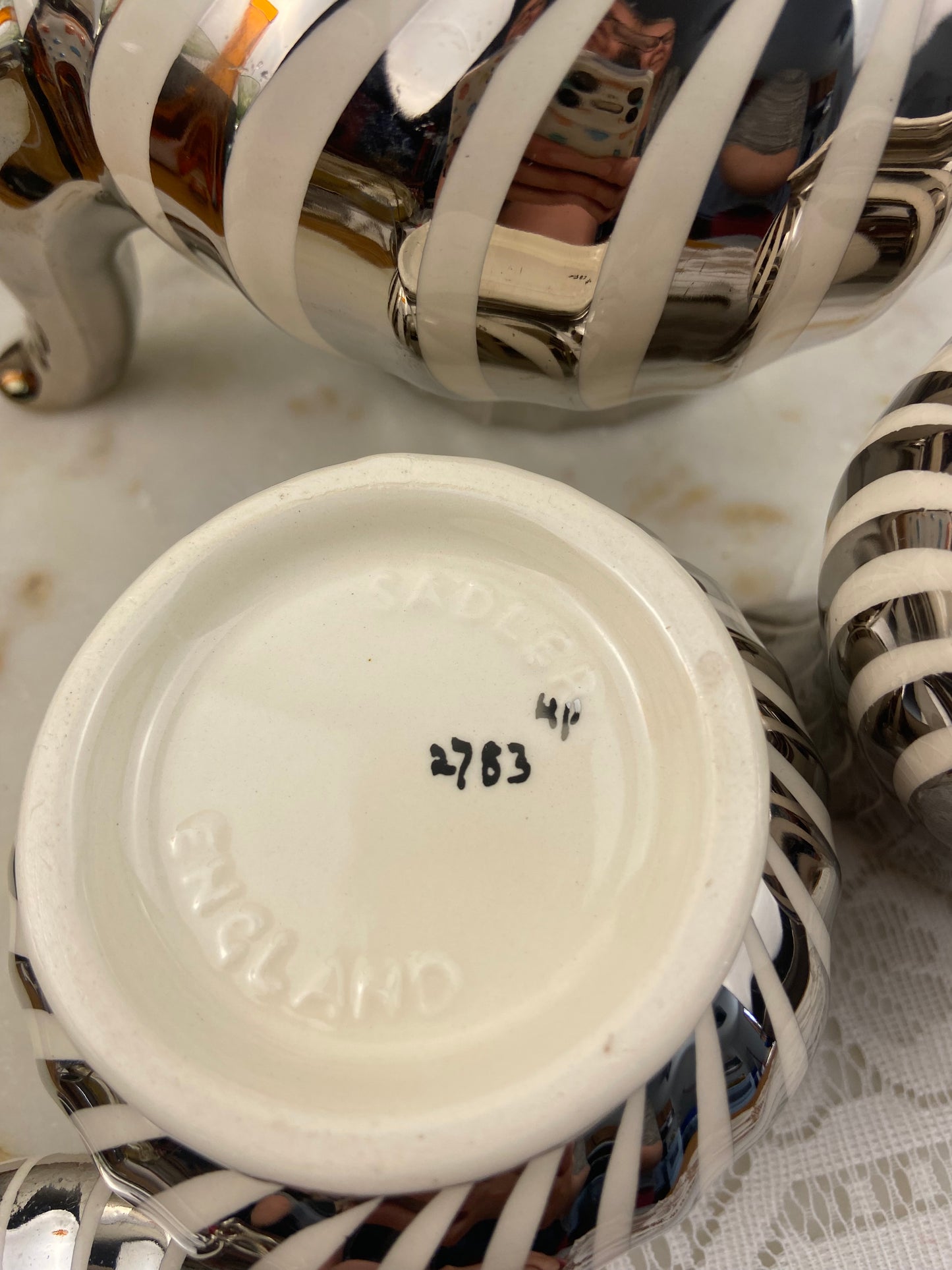 Hand Painted Porcelain Sugar & Creamer Set by Sadler | Silver Lustre Swirl Pattern