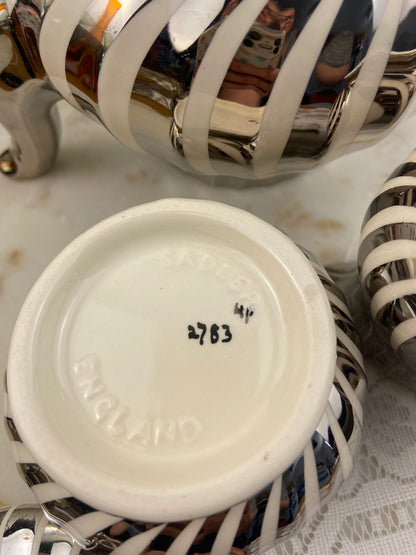 Hand Painted Porcelain Sugar & Creamer Set by Sadler | Silver Lustre Swirl Pattern