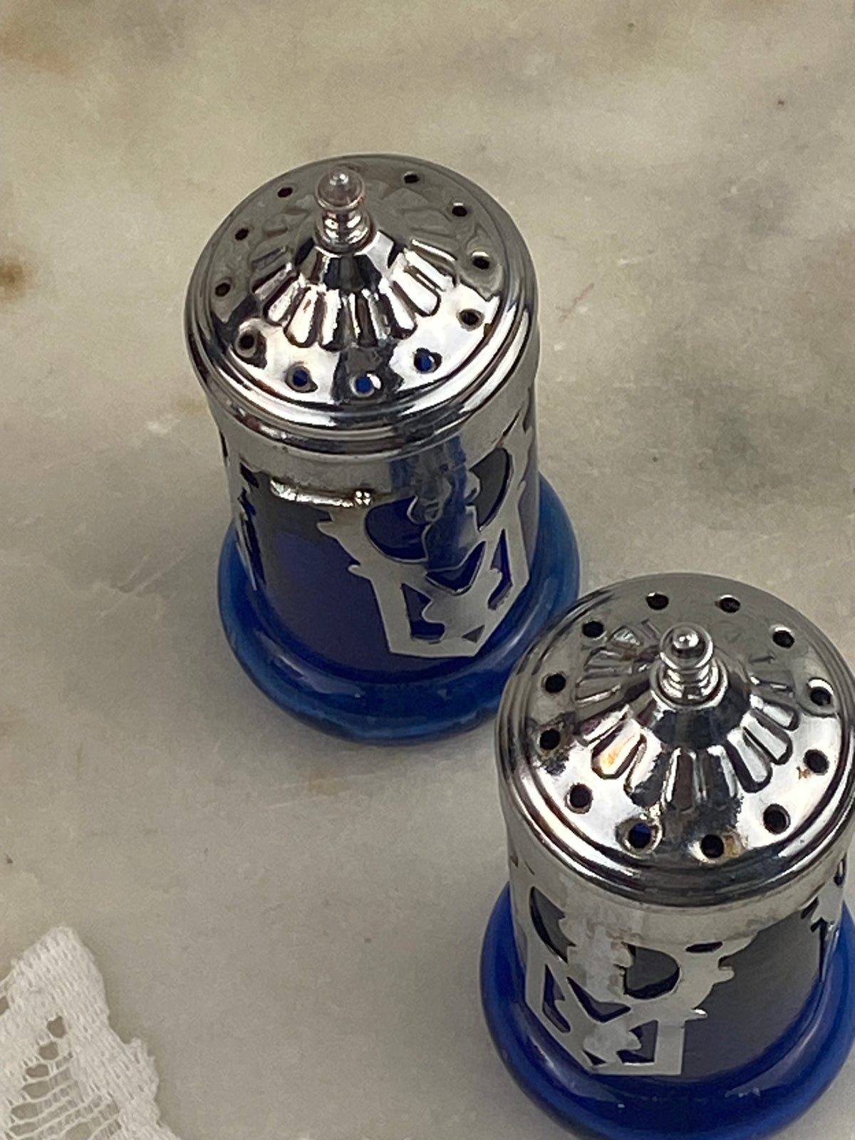 Cobalt Blue Glass Salt & Pepper Shakers with Silver-Tone Screw-Top Metal Lids with Filagree Design