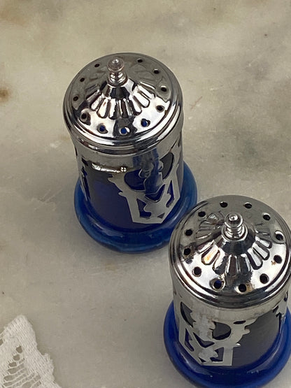 Cobalt Blue Glass Salt & Pepper Shakers with Silver-Tone Screw-Top Metal Lids with Filagree Design
