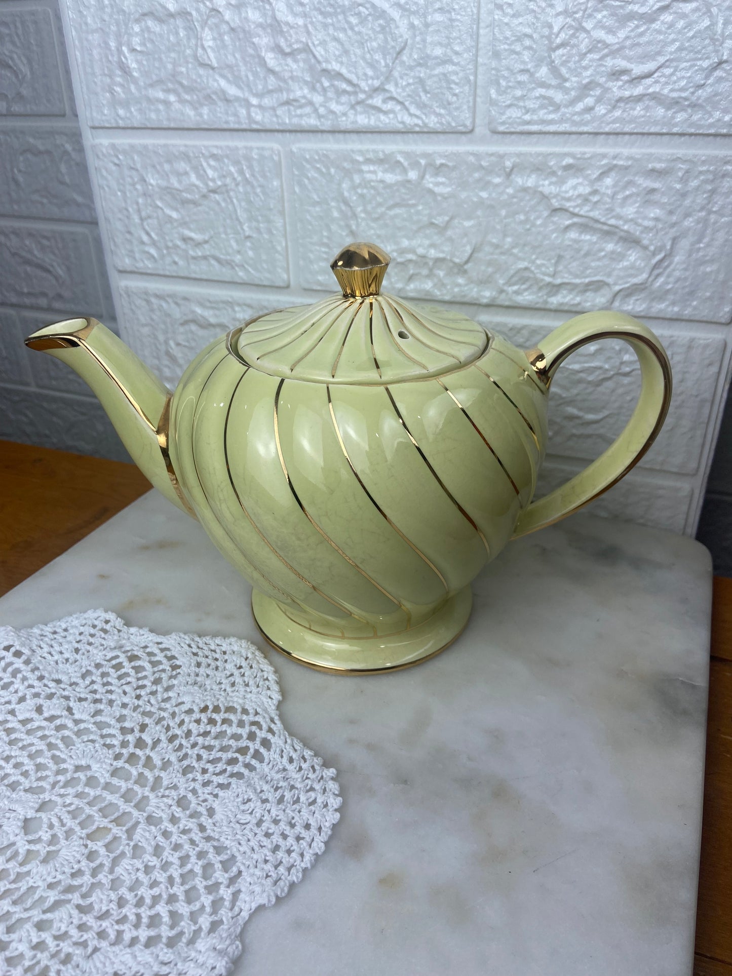 Sadler Yellow Rippled Teapot with Open Sugar Bowl and Creamer Set