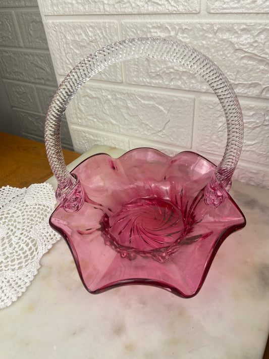 Ruffled Pink Glass Basket with Textured Handle