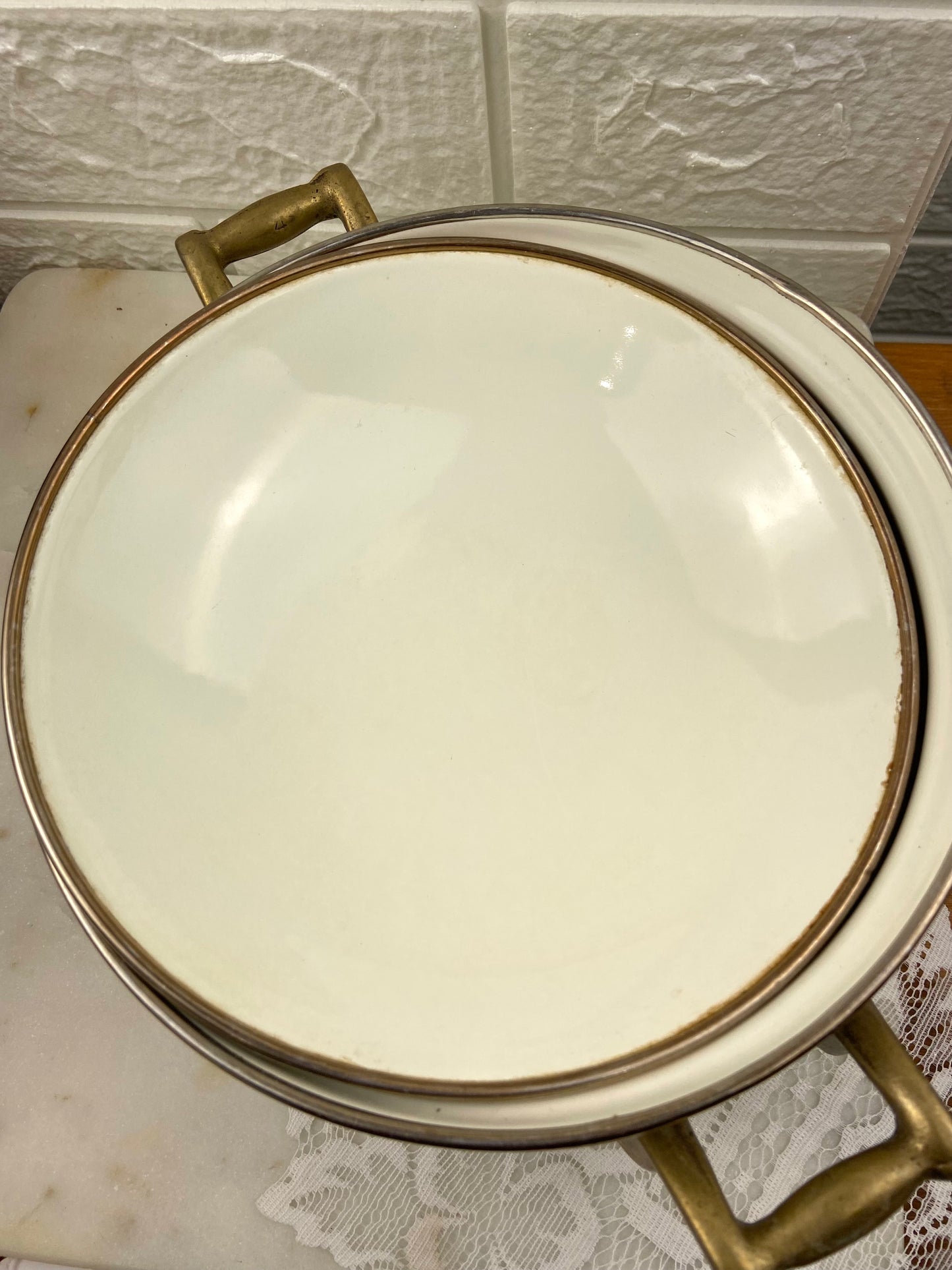 Vintage Lincoware Enamel Dutch Oven with Brass Handles