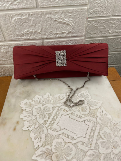 Pleated Satin Clutch with Metal Strap and Rhinestone Embellishment by Roberto Vianni