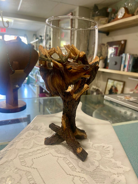 Resin Elk Encased Wine Glass with Forest—Themed Stem
