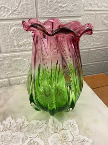 Tulip-Shaped Green and Cranberry Coloured Vase with Ruffled Rim by Teleflora | Glass