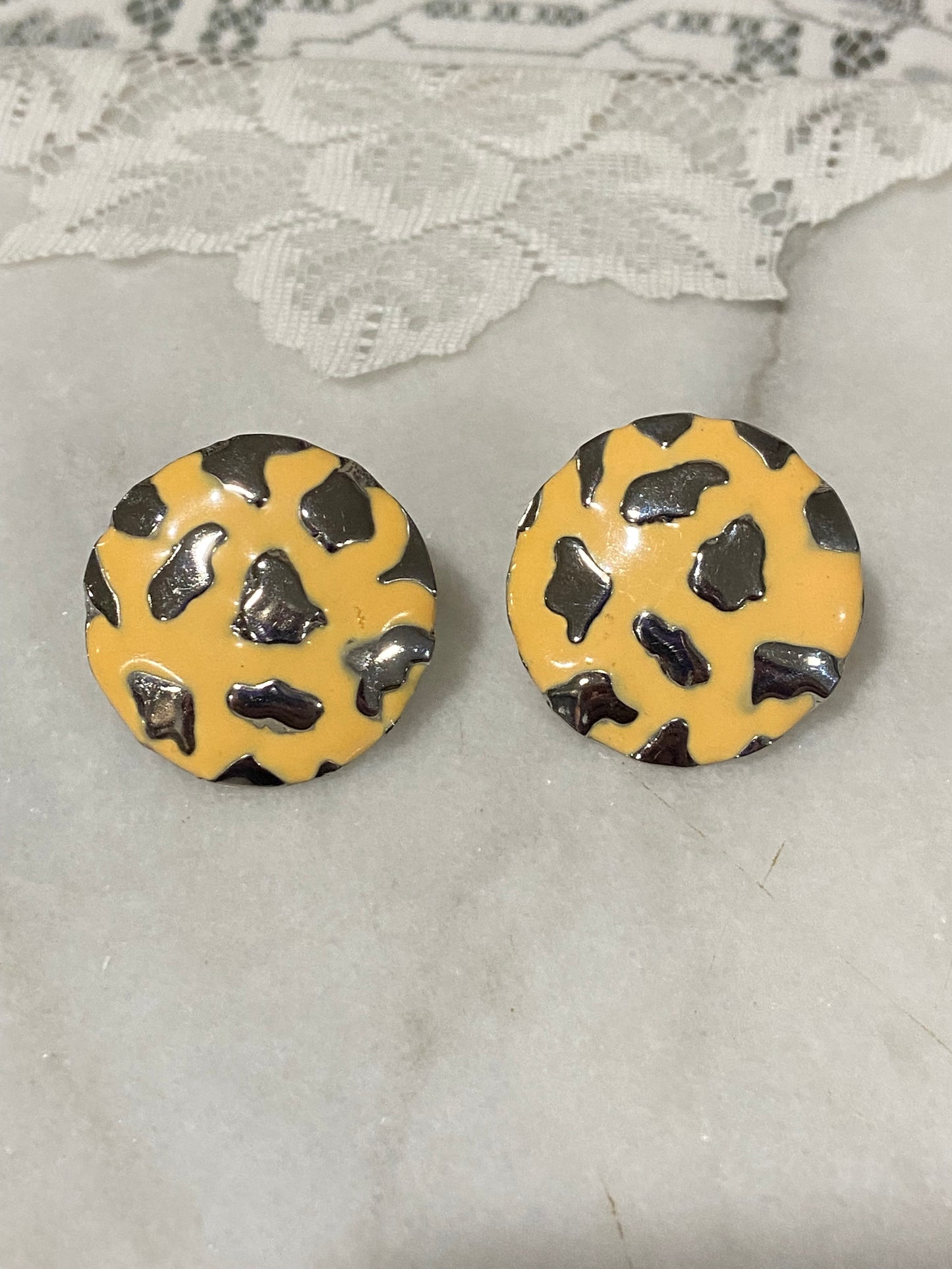 Yellow Enamel, Metal Speckled Earrings | Round [Clip-Ons]