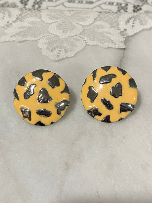 Yellow Enamel, Metal Speckled Earrings | Round [Clip-Ons]