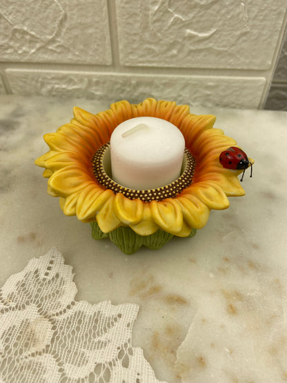 Bisque Porcelain Sunfower Candle Votive with Ladybug by Partylite