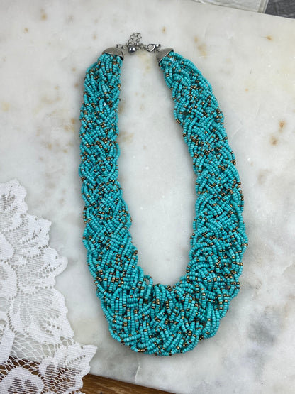 Turquoise and Gold-Tone Seed Bead Braided Necklace