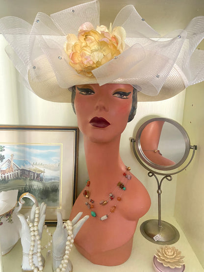 Gauzy Cream and Floral Sinamay Derby Hat with Rhinestones [One Size] by KaKyCo