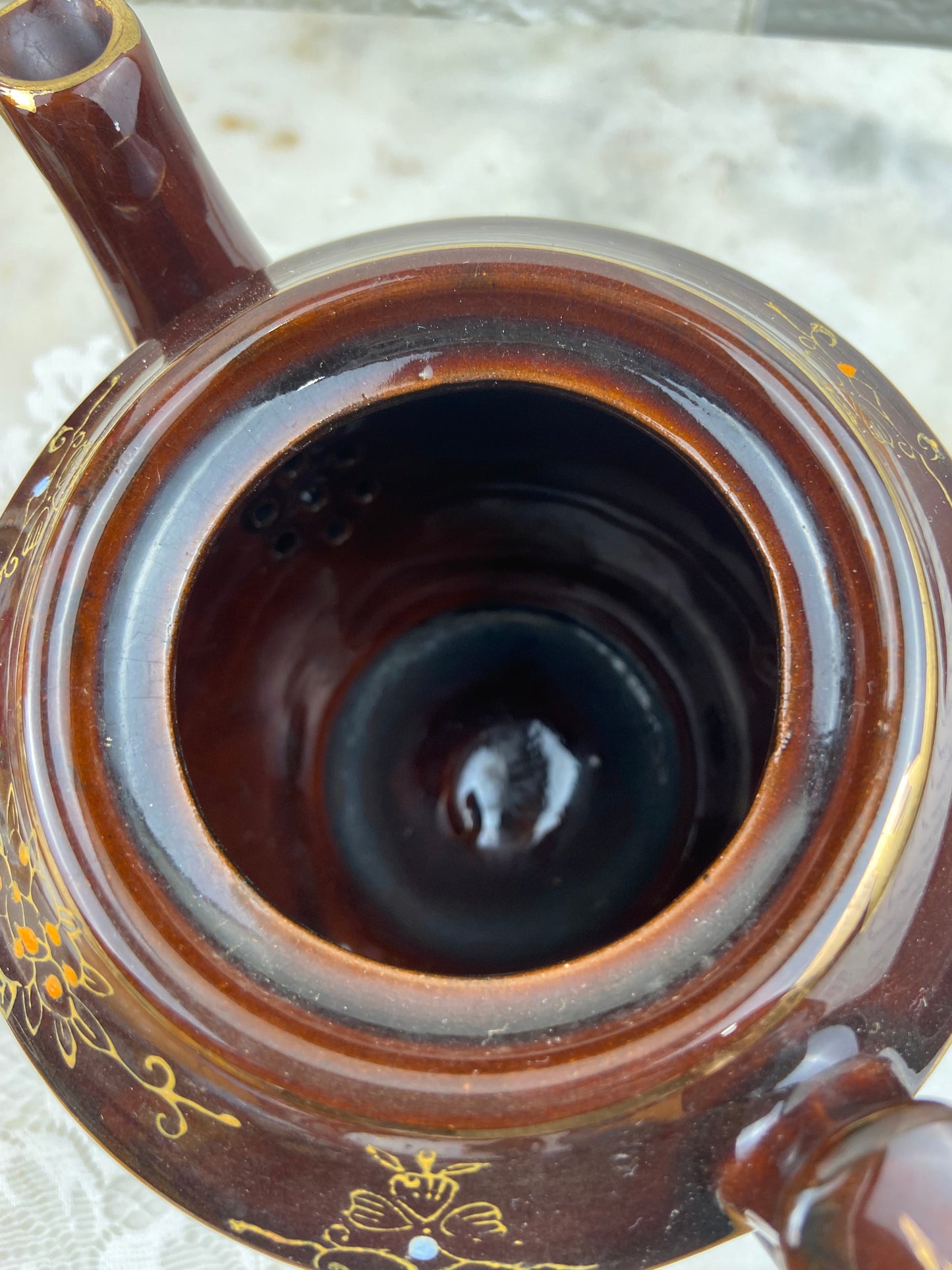 Japanese Redware | Small Brown Teapot with Hand Painted Enamel & Gold-Tone Design