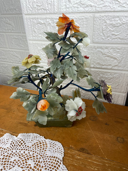 Carved Jade Bonsai Plant with Colourful Jade Flowers