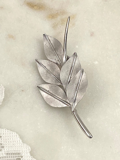 Sterling Bond Boyd Designer Brooch | Brushed Silver Leaves with Stem