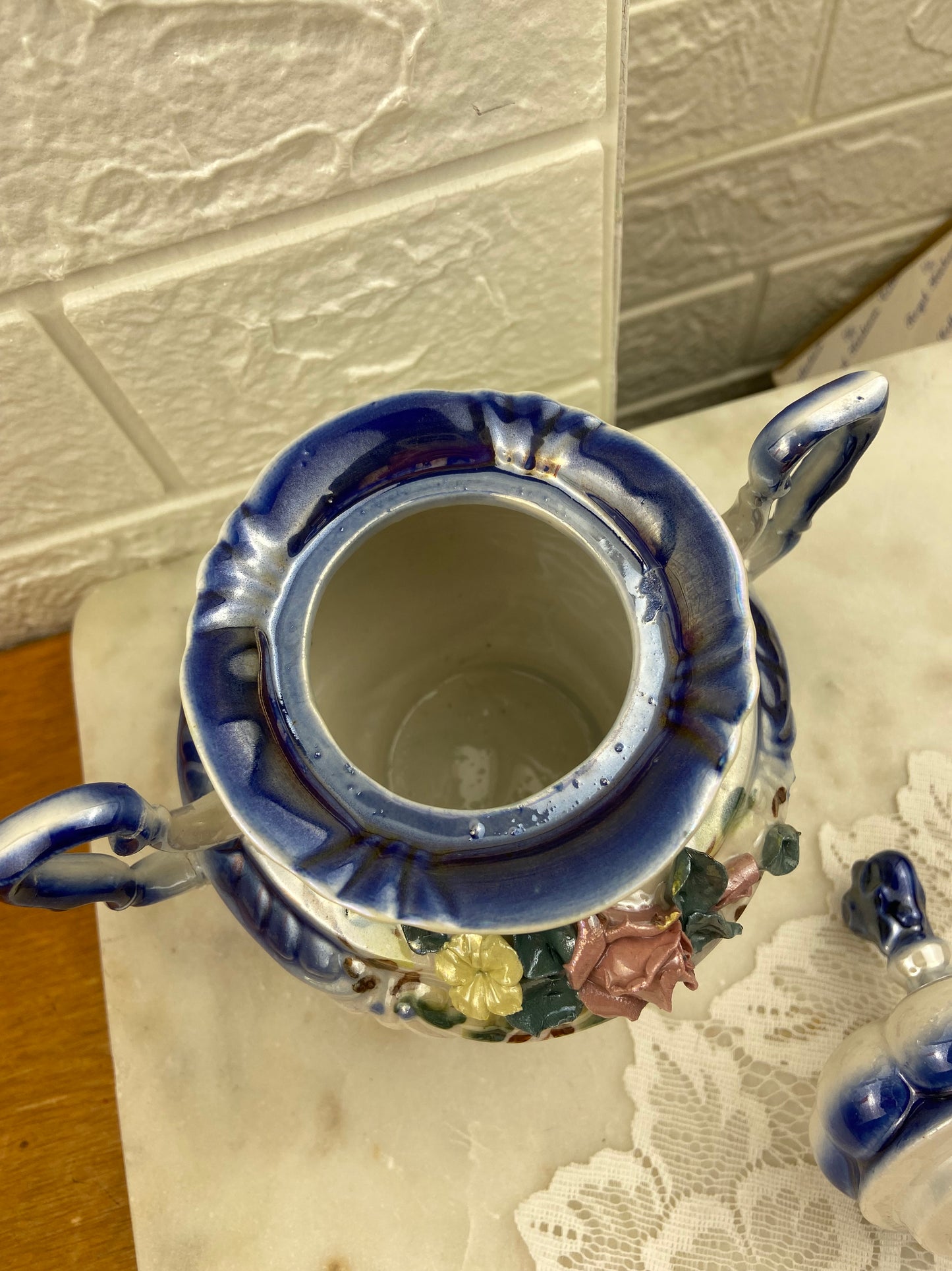 Hand Painted Blue & Cream Ceramic Sugar Bowl with Double Handles & 3D Flowers